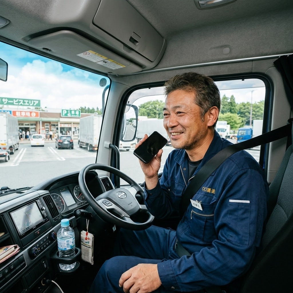 停車した車内で音声報告を行う現場担当者